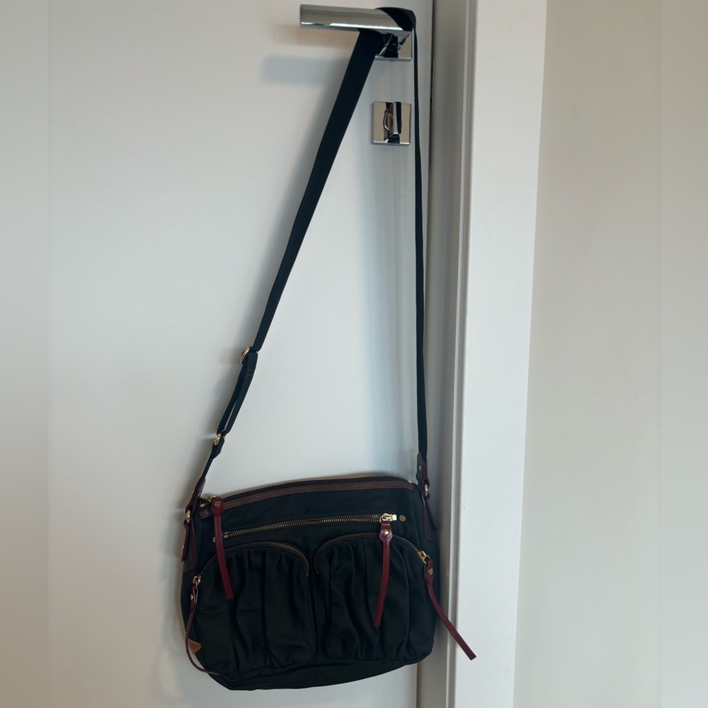 Black with burgundy detailing MZ Wallace crossbody purse.